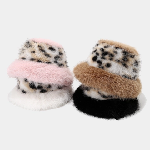 Chapeau Bob Femme Imprimé Léopard Fausse Fourrure Patchwork Épais Chaud Hiver Peluche Avec Doublure Matelassée Ajustable