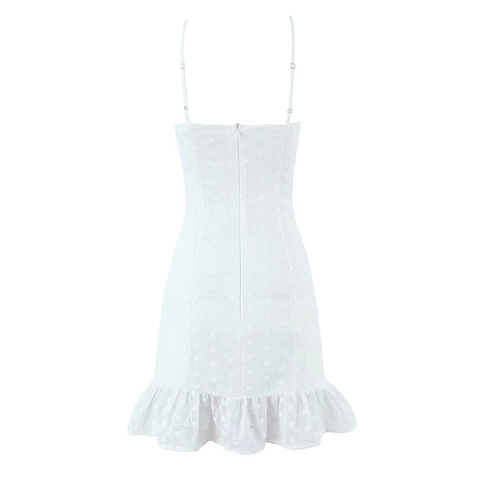 Vestido Corto De Camisola De Encaje De Algodón Blanco Con Lazo Negro Bordado Ojal Volante Tirantes Finos Estilo Princesa Mujer