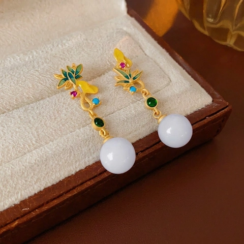Neuchinesischer Stil Lotus Floral Emaille Ohrhänger Kupfer Mit Zirkonia Weißer Perle Und Silbernem Ohrstecker