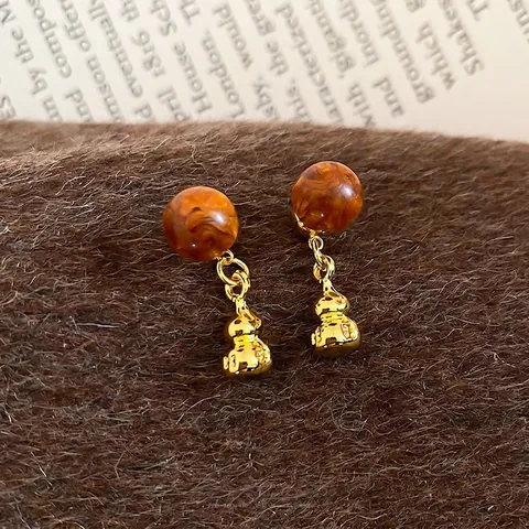 Pendientes Colgantes Hulu Gourd Orientales Vintage Con Cuenta De Mármol Acrílico Y Poste De Plata Elegante Joyería