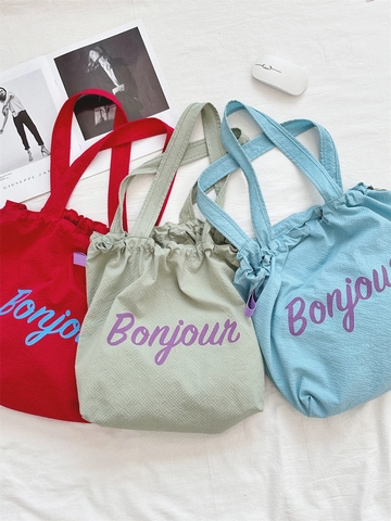 Sac Cabas Texture Gaufre Grande Capacité Cordon Sac Bandoulière Imprimé Lettres Bonjour Léger Décontracté Main Femmes