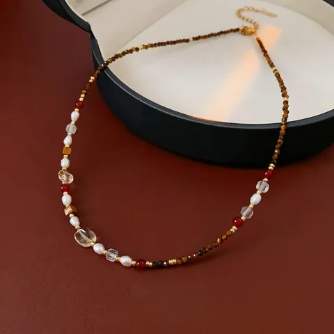 Vintage Tiger Eye Stone Freshwater Pearl Beaded Necklace For Women Stainless Steel Agate Crystal Jewelry Bohemian Style