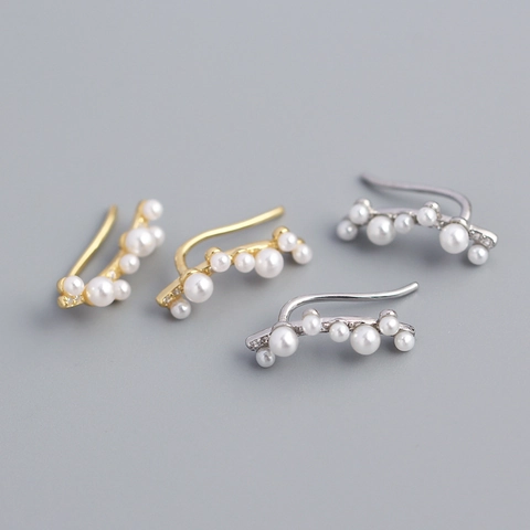 925 Sterling Silver Ear Crawler Earrings With Imitation Artificial Pearl And Zircon Curved Branch Design For Women Minimalist Style