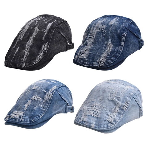 Casquette Plate En Jean Vintage Déchiré Coton Ivy Hat Réglable Streetwear Style Rétro
