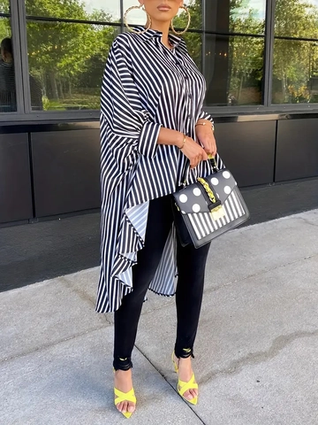 Women Striped Oversized Long Sleeve Shirt Polyester Spandex Irregular Hem Button Up Lapel Casual Fashion Top