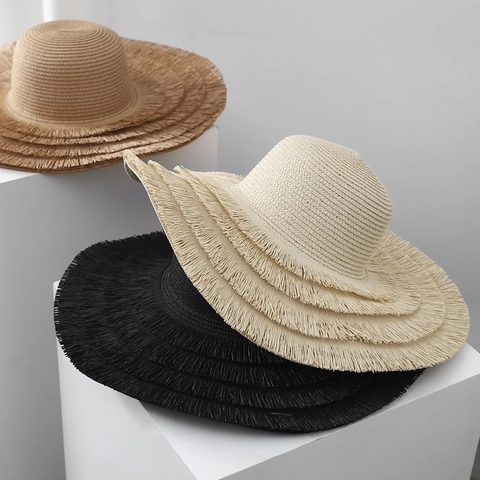 Damen Strohhut Mit Breiter Krempe Raffia Papier Quasten Sonnenschutz Strand Urlaub Böhmisch Sommer Elegant Sonnenhut