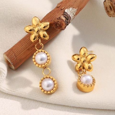 Asymmetric Flower Artificial Pearl Earrings Stainless Steel 18K Gold Plated Exquisite Ins Style Stud For Women