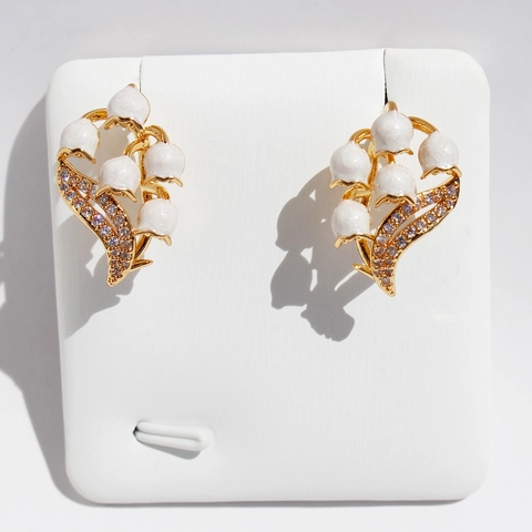 Lily Of The Valley Stud Earrings Brass White Enamel Zircon Flower Floral Elegant French Retro For Women