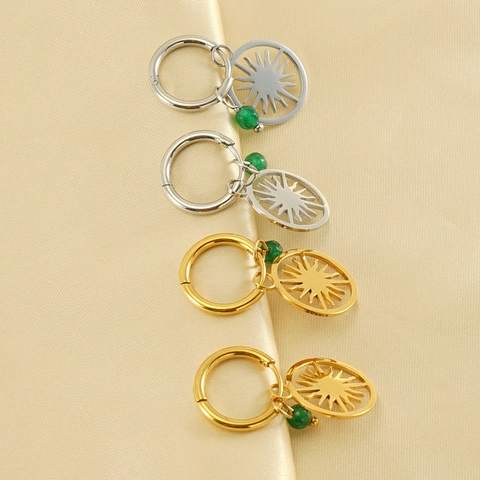Pendientes De Aro De Acero Inoxidable Con Colgante De Sol Hueco Y Cuenta De Piedra Natural Verde Joyería Bohemia