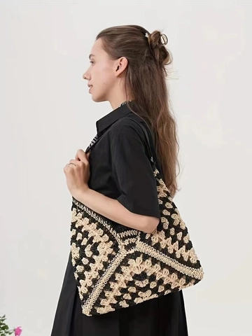 Crochet Paper Straw Shoulder Bag With PU Leather Strap Hollow Out Woven Contrast Color Summer Vacation Tote For Women