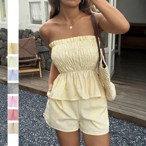 Women Striped Strapless Tube Top And Shorts Set Smocking Ruffle Hem Polyester Viscose Summer Vacation Casual Boho