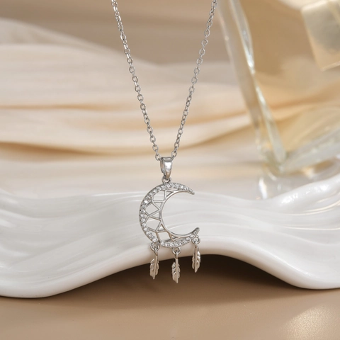 Titanium Steel Moon Dreamcatcher Pendant Necklace With Zirconia Feather Charms Gold Silver Plated Fashion Jewelry For Women