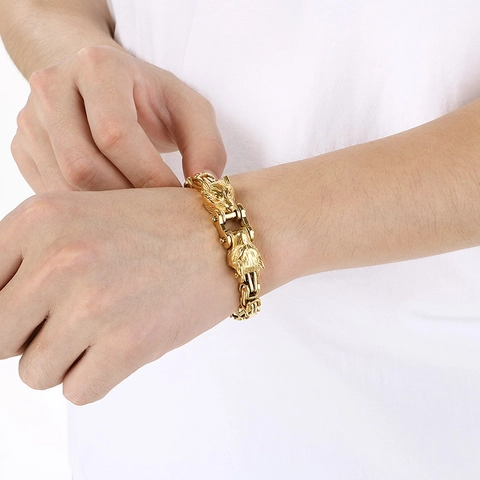 Bracciale Testa Di Lupo Acciaio Inossidabile Catena Bizantina Gioielli Punk Per Uomini Bracciale Doppia Testa Di Lupo