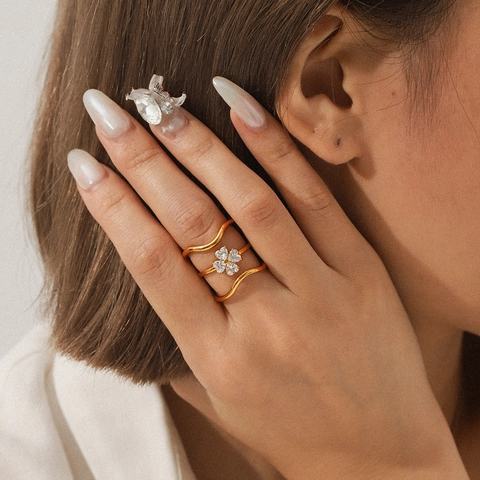 Anelli Sovrapponibili Acciaio Inossidabile Zircone Quadrifoglio Cuore Geometrico Stile Ins Gioielli Placcati Oro Per Donne