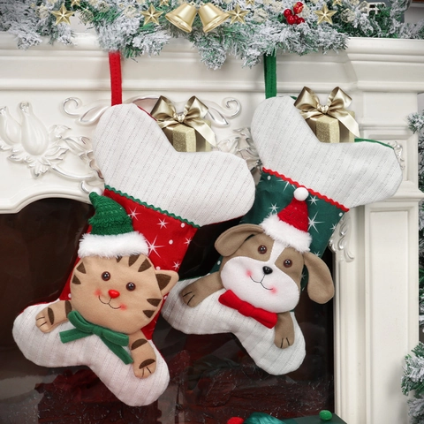 Weihnachtsstrumpf Knochenform Strick Polyester Katze Hund Cartoon Hängende Dekoration Haustier Thema Kamin Party Ornament