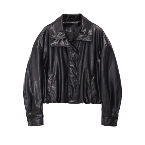 Women Faux Leather Jacket Stand Collar PU Aviator Bomber Coat Loose Long Sleeve Casual Moto Streetwear Solid Color