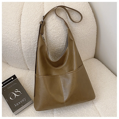 Sac à Épaule en Cuir PU Vintage Grande Capacité Pour Femmes Minimaliste Urbain Couture Sac Fourre-tout Navettage Quotidien