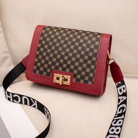 Vintage Printed PU Leather Crossbody Small Square Bag With Wide Letter Strap Metal Lock Closure For Women