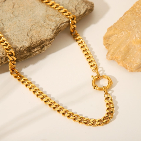Collar De Cadena Cubana De Acero Inoxidable Chapado En Oro De 18K Cierre De Resorte Redondo Hip Hop Joyería Mujer