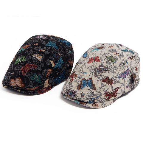 Vintage Flat Cap Colorful Butterfly Jacquard Pattern Adjustable Ivy Driving Hat Retro Artistic Style For Women