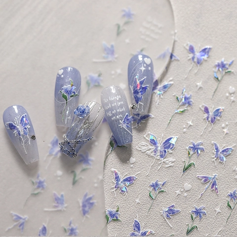 Holographic Butterfly And Flower Nail Art Stickers Self Adhesive Laser Gold Stamping Manicure Decoration For Women