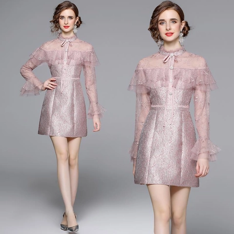 Damen Rosa Spitze Jacquard Minikleid Elegant Französisch Vintage Stickerei Mesh Hochgeschlossen Schleife Lange Trompetenärmel