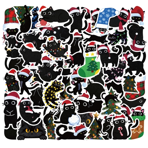 Cartoon Weihnachten Schwarze Katze Aufkleber Ästhetische Wasserdichte PVC Decals Für DIY Scrapbooking Handy Notizbuch Dekoration