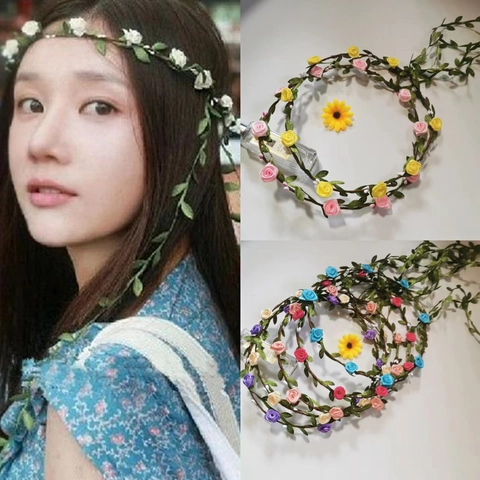 Floral Wreath Headband Bohemian Flower Garland Simulated Rose Fabric Hair Accessories For Wedding Beach Travel Forest Style Women