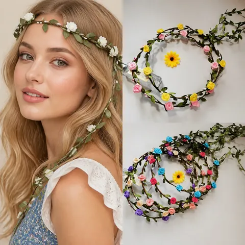 Floral Wreath Headband Bohemian Flower Garland Simulated Rose Fabric Hair Accessories For Wedding Beach Travel Forest Style Women