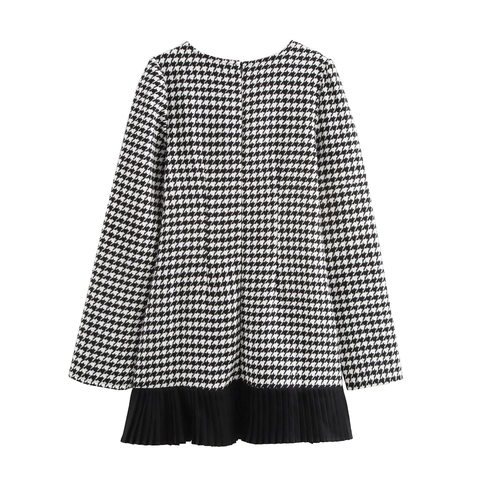 Houndstooth Tweed Minikleid Langarm Rundhals Plissee Saum Goldknöpfe Elegant Herbst Winter Outfit