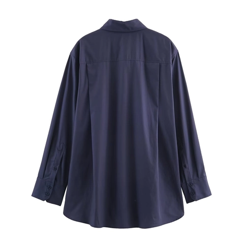 Blusa De Manga Larga De Popelina Para Mujer Con Corbata A Juego Cuello Puntiagudo Color Sólido Elegante Azul Marino