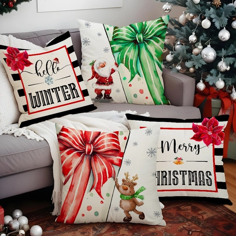 Federe Per Cuscini Di Natale Lino Babbo Natale Renna Stampato Vacanze Invernali Divano Arredamento Casa