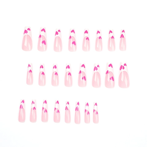 Press On Nails Long Coffin Shape Pink White French Tip Heart Patterns Fake Nails Sweet Style For Women