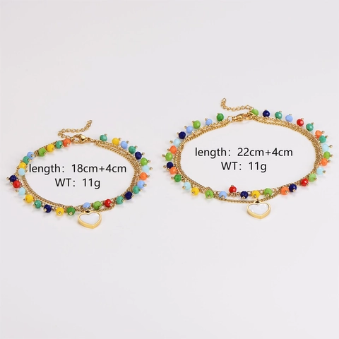 Pulsera De Tobillo Doble Capa Corazón Cuentas Mujer Acero Inoxidable 304 Baño Oro 18K Cuentas De Cristal Joyería