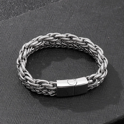 Men Double Layer Stainless Steel Bracelet Wheat And Twist Chains With Magnetic Buckle Punk Jewelry Silver Tone