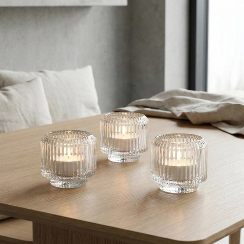 Ribbed Glass Candle Holder Transparent Dual Use Vertical Texture For Taper Or Tealight Wedding Table Decor Nordic Style