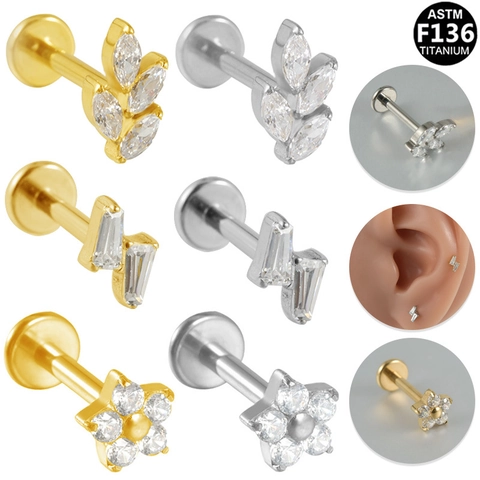ASTM F136 G23 Titanium Labret Studs Kraakbeen Oorbel Interne Schroefdraad Piercing Sieraden Zirconia Bloem Blad Vorm