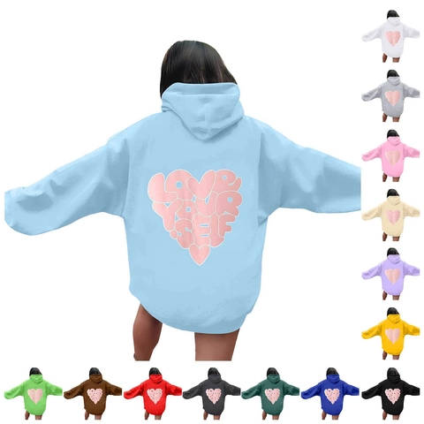 Herren Hoodie Fleece Gefüttert Oversized Love Yourself Herz Buchstabendruck Casual Streetwear Langarm Sweatshirt Pullover