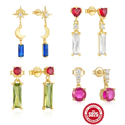 Orecchini A Goccia Stella Luna Cuore Con Zircone Colorato E Perno In Argento Sterling 925 Per Donne Gioielli Moda