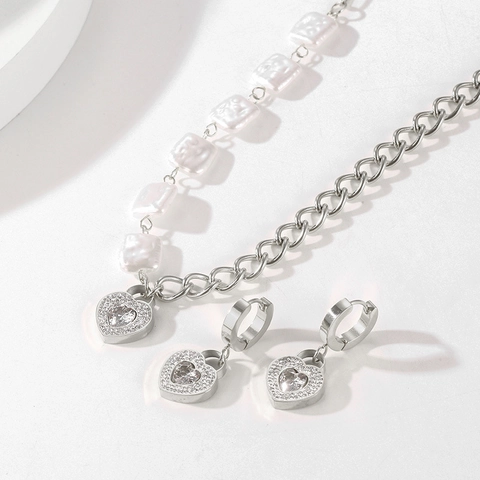 Collar Y Pendientes Con Colgante De Corazón De Acero Inoxidable Con Cuentas De Concha Y Circonitas Para Mujer