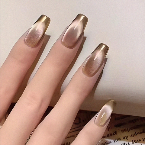 Press On Nails ABS Plastic Long Coffin Shape Removable Cat Eye Effect French Tip Champagne Gold Brown Elegant For Women