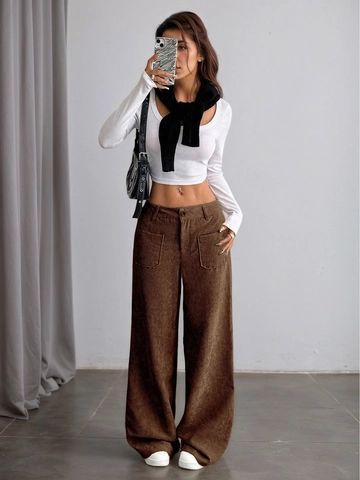 Pantalones De Pana Mujer Talle Alto Pernera Ancha Acanalados Casuales Retro Moda Con Bolsillos