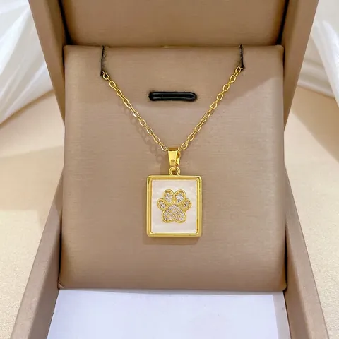 Paw Print Square Pendant Necklace Gold Plated Stainless Steel Chain Mother Of Artificial Pearl Inlay Cubic Zirconia Elegant Jewelry Women