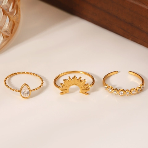 Sunburst Heart Clover Rings Stainless Steel 18K Gold Plated Zircon Stacking Jewelry For Women Elegant Fashion