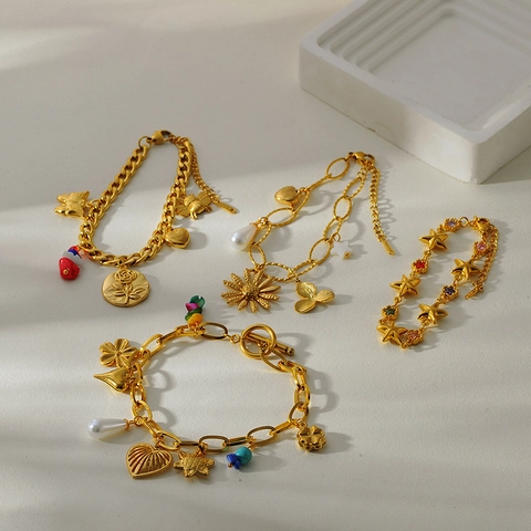 Lussuoso Bracciale Multiondolo in Acciaio Inossidabile Placcato Oro per Donna Cuore Fiore Farfalla Stella Perla Artificiale Strass Bracciale Gioielli di Moda Regalo