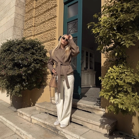 Damen Blazer Jacke Und Shorts Mit Fischgrätmuster Wolloptik Oversized Bindegürtel Französischer Stil Casual Braun