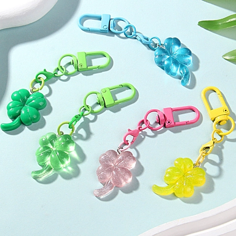 Llavero De Trébol De Cuatro Hojas Resina Purpurina Transparente Amuleto De Bolso Colgante Suerte Clip De Metal Accesorios