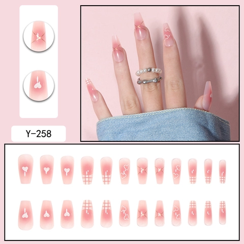 Long Coffin Press On Nails Pink Gradient White Heart Checkerboard Gold Line Glossy False Nails For Women