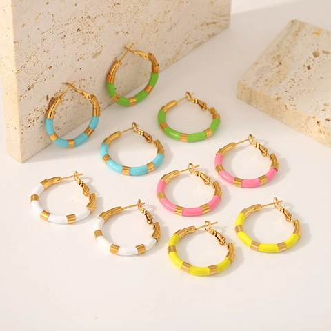 Colorful Enamel Segmented Hoop Earrings 18K Gold Plated Stainless Steel Geometric Round Jewelry For Women