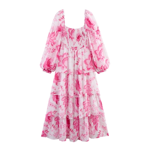 Damen Blumenprint Chiffon Maxikleid Eckiger Ausschnitt Gesmokt Gestuft Langarm Pink Elegant Süß Strandkleid